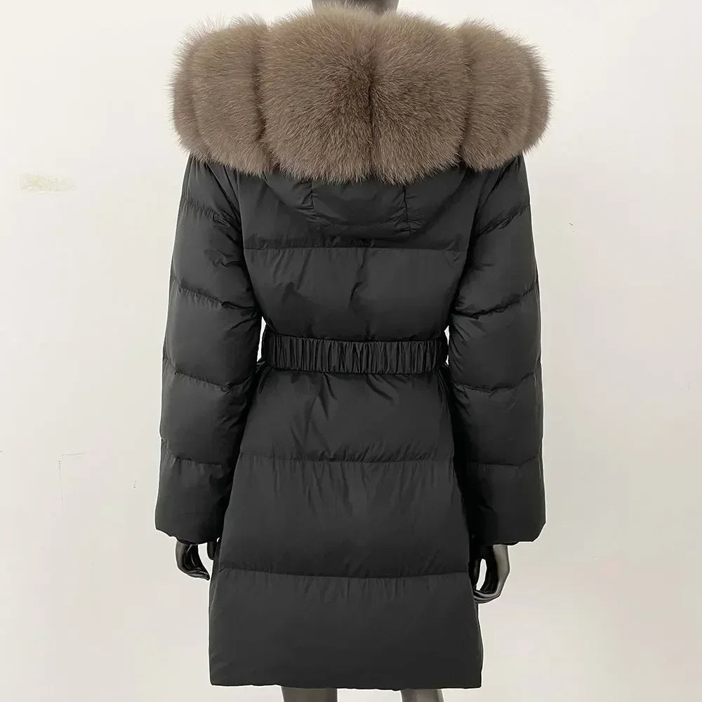 Fur’Ells Real Fox Fur Collar Duck Down Puffer Quilted Hooded Jacket - Long Length