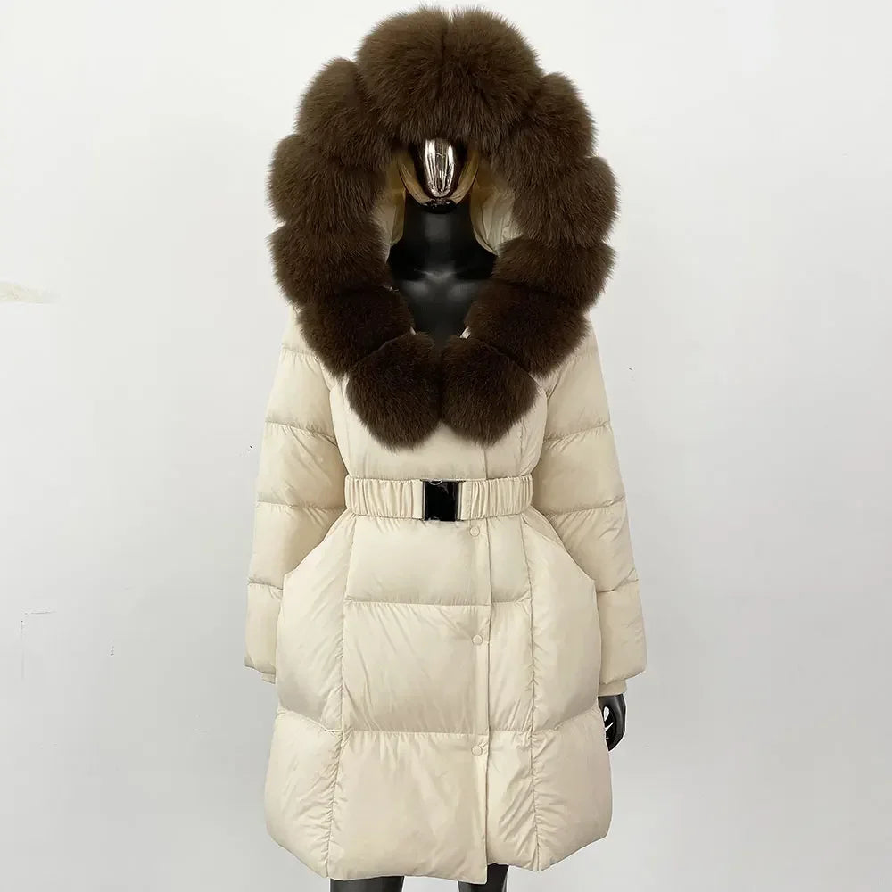 Fur’Ells Real Fox Fur Collar Duck Down Puffer Quilted Hooded Jacket - Long Length