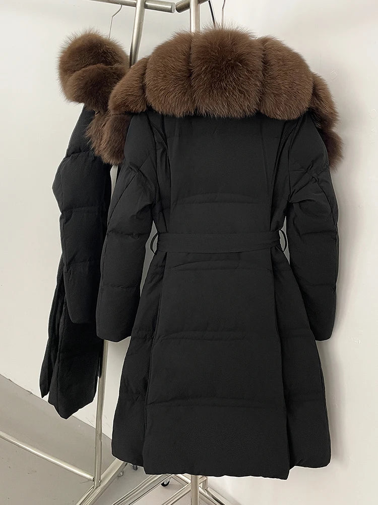 Fur’Ells Real Fox Fur Collar Duck Down Quilted Jacket - Long Length