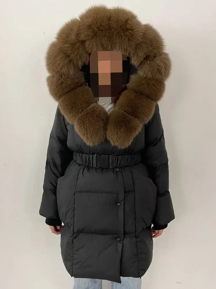 Fur’Ells Real Fox Fur Collar Duck Down Puffer Quilted Hooded Jacket - Long Length