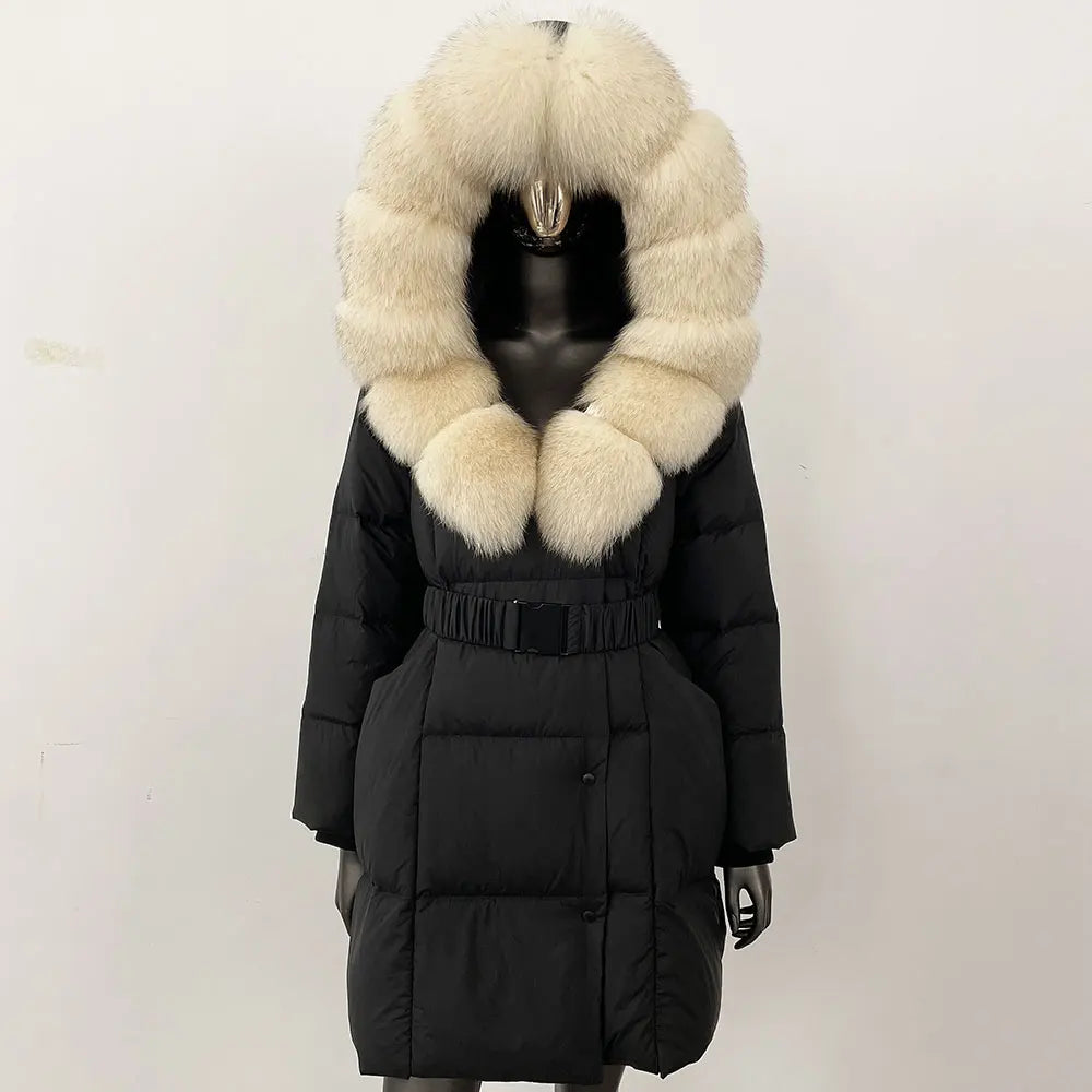 Fur’Ells Real Fox Fur Collar Duck Down Puffer Quilted Hooded Jacket - Long Length