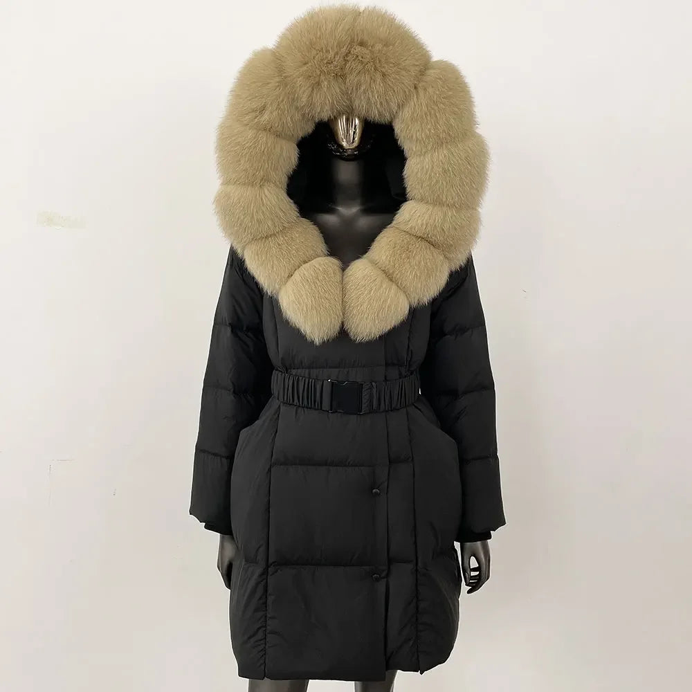 Fur’Ells Real Fox Fur Collar Duck Down Puffer Quilted Hooded Jacket - Long Length