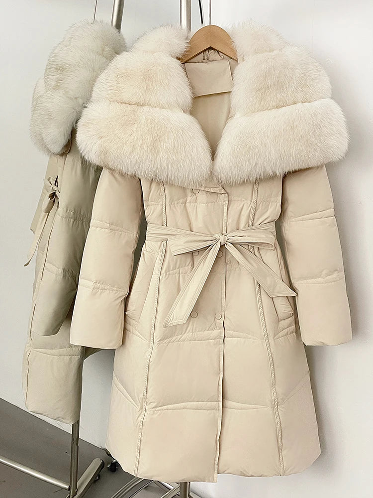 Fur’Ells Real Fox Fur Collar Duck Down Quilted Jacket - Long Length