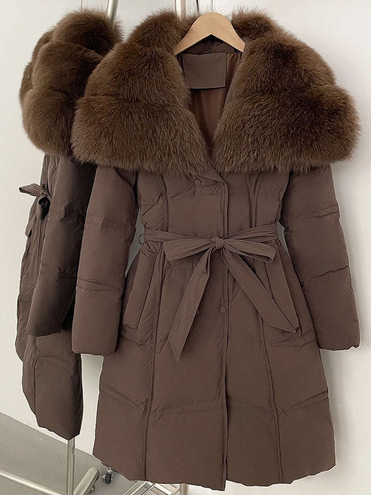 Fur’Ells Real Fox Fur Collar Duck Down Quilted Jacket - Long Length