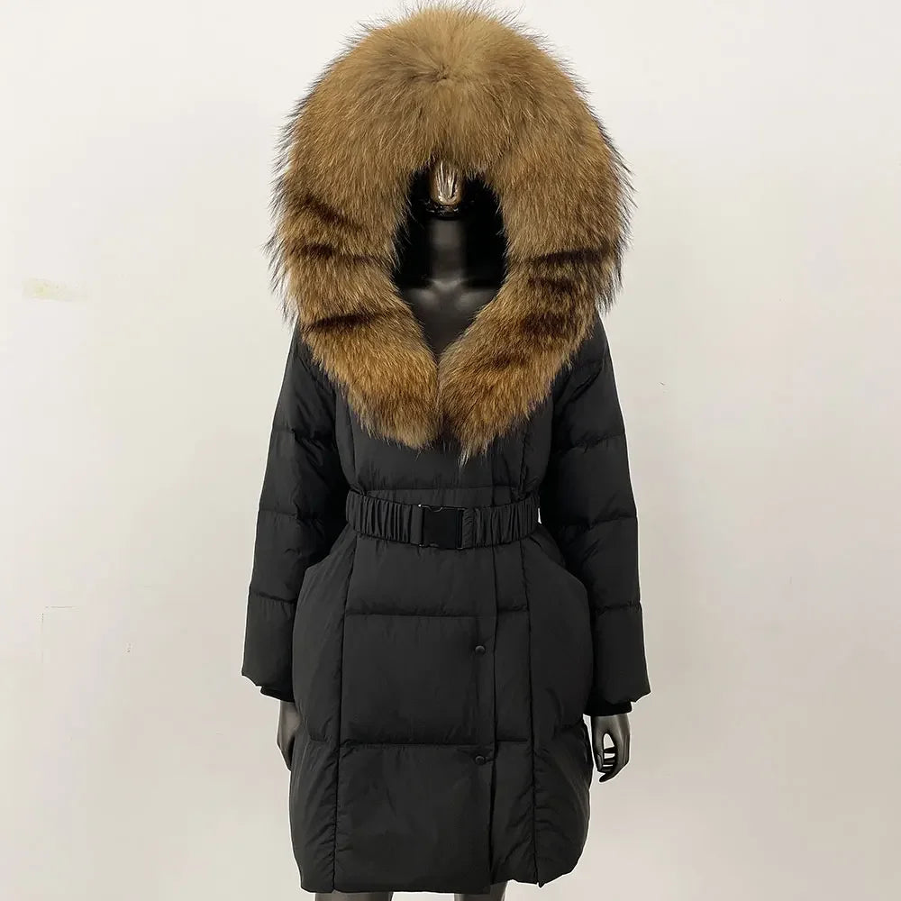 Fur’Ells Real Fox Fur Collar Duck Down Puffer Quilted Hooded Jacket - Long Length