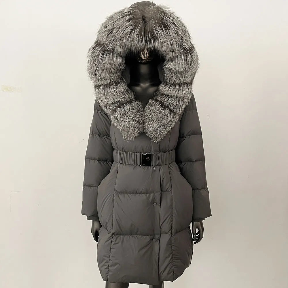 Fur’Ells Real Fox Fur Collar Duck Down Puffer Quilted Hooded Jacket - Long Length