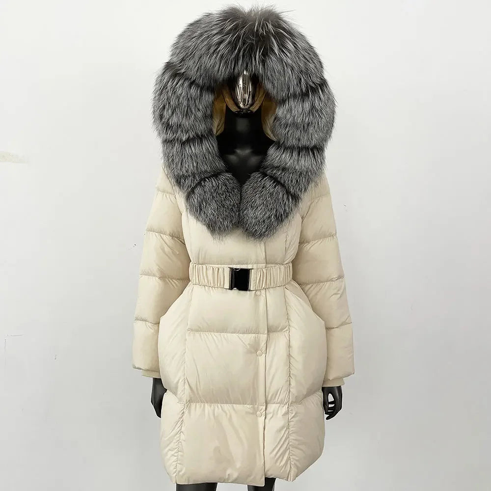 Fur’Ells Real Fox Fur Collar Duck Down Puffer Quilted Hooded Jacket - Long Length