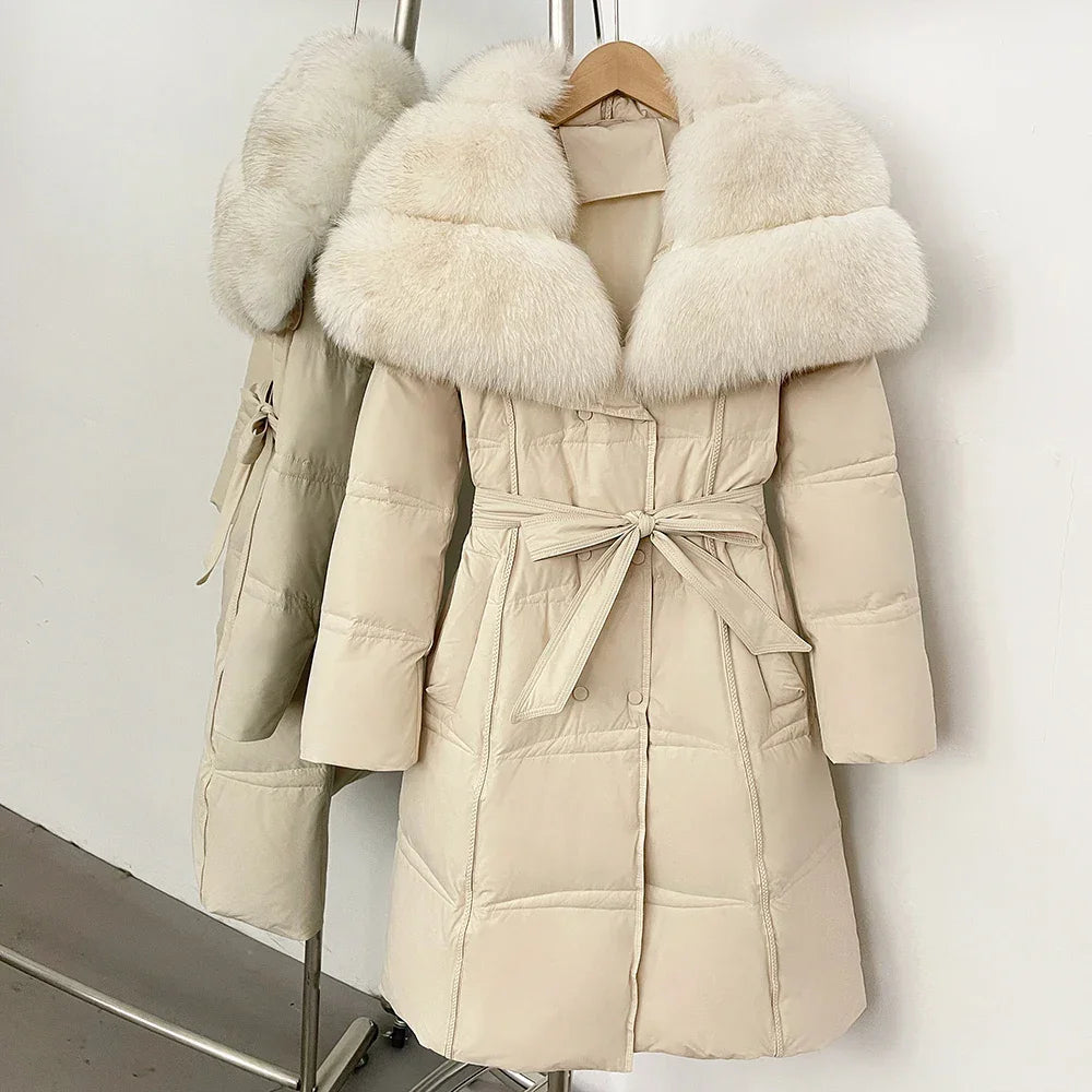 Fur’Ells Real Fox Fur Collar Duck Down Quilted Jacket - Long Length
