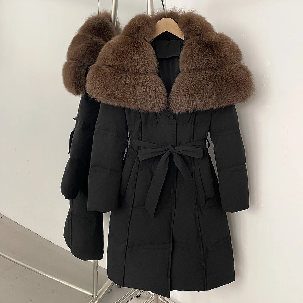 Fur’Ells Real Fox Fur Collar Duck Down Quilted Jacket - Long Length