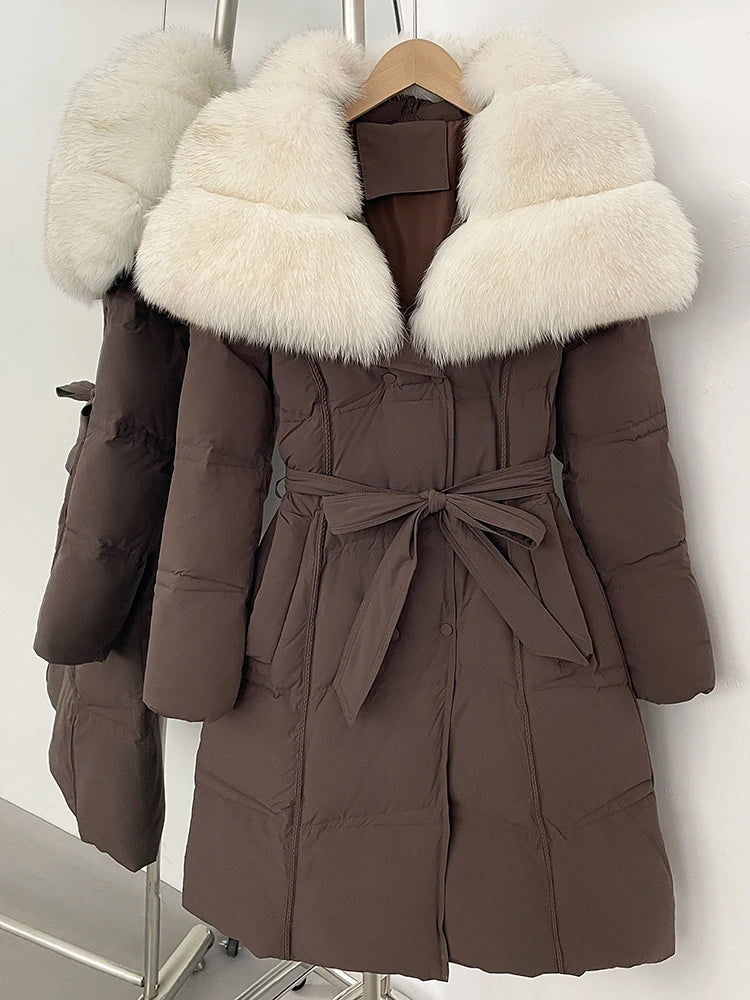 Fur’Ells Real Fox Fur Collar Duck Down Quilted Jacket - Long Length