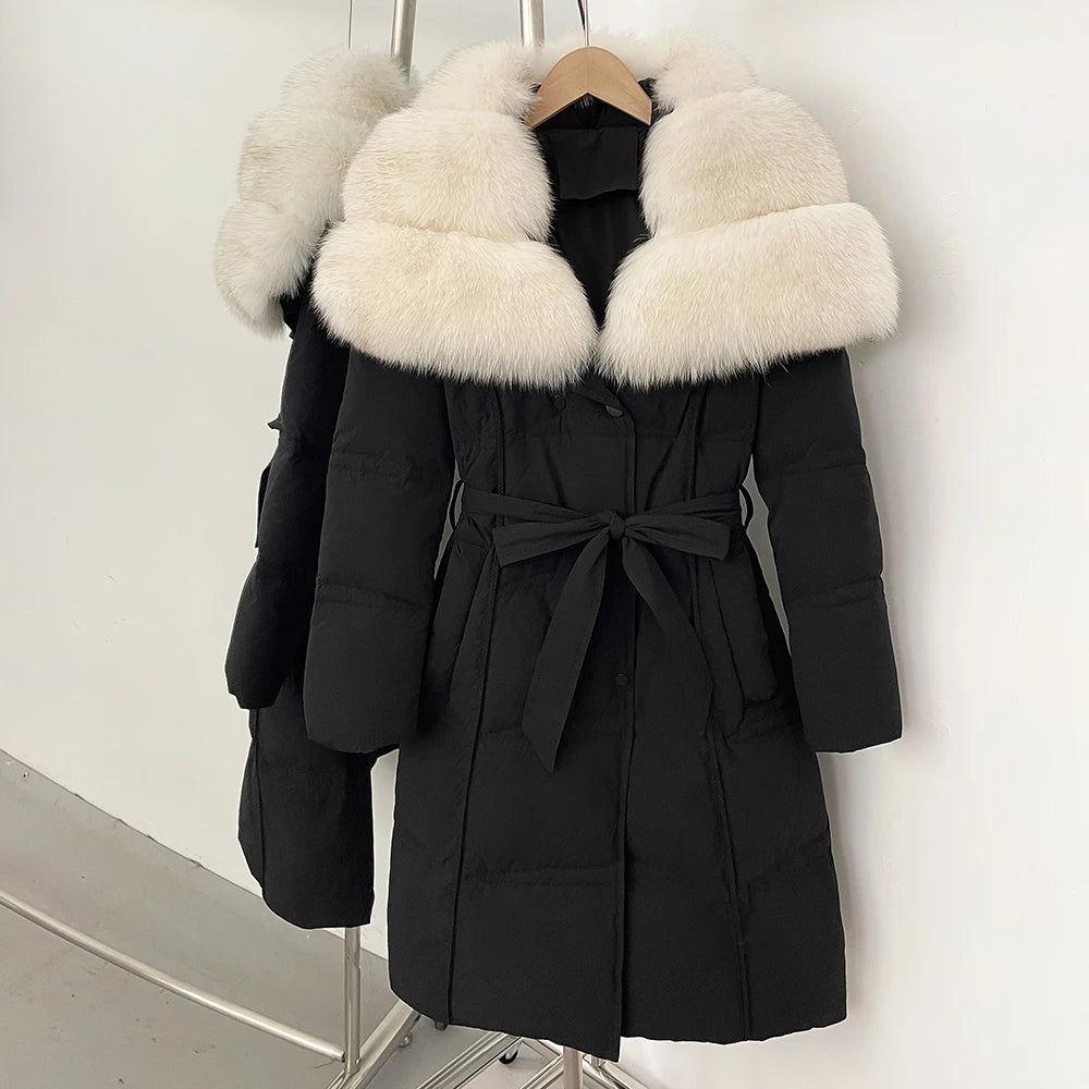 Fur’Ells Real Fox Fur Collar Duck Down Quilted Jacket - Long Length