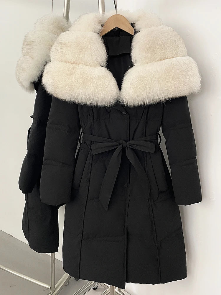 Fur’Ells Real Fox Fur Collar Duck Down Quilted Jacket - Long Length