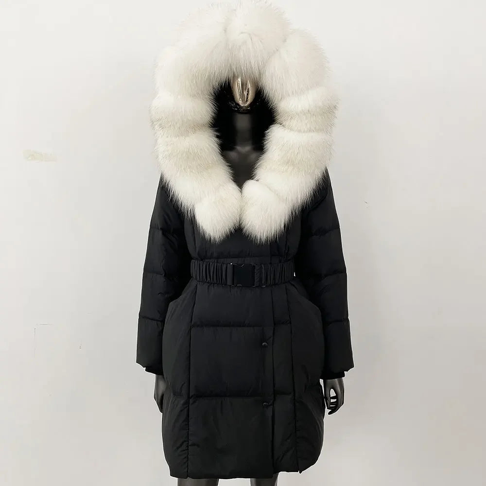 Fur’Ells Real Fox Fur Collar Duck Down Puffer Quilted Hooded Jacket - Long Length