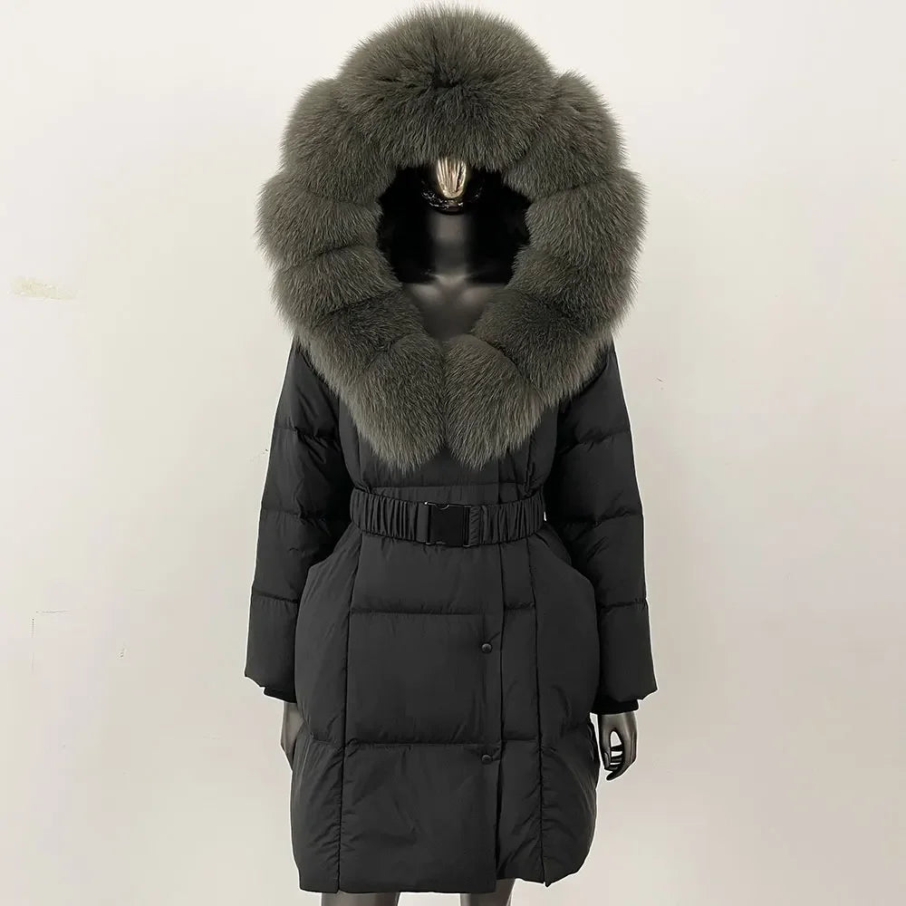 Fur’Ells Real Fox Fur Collar Duck Down Puffer Quilted Hooded Jacket - Long Length