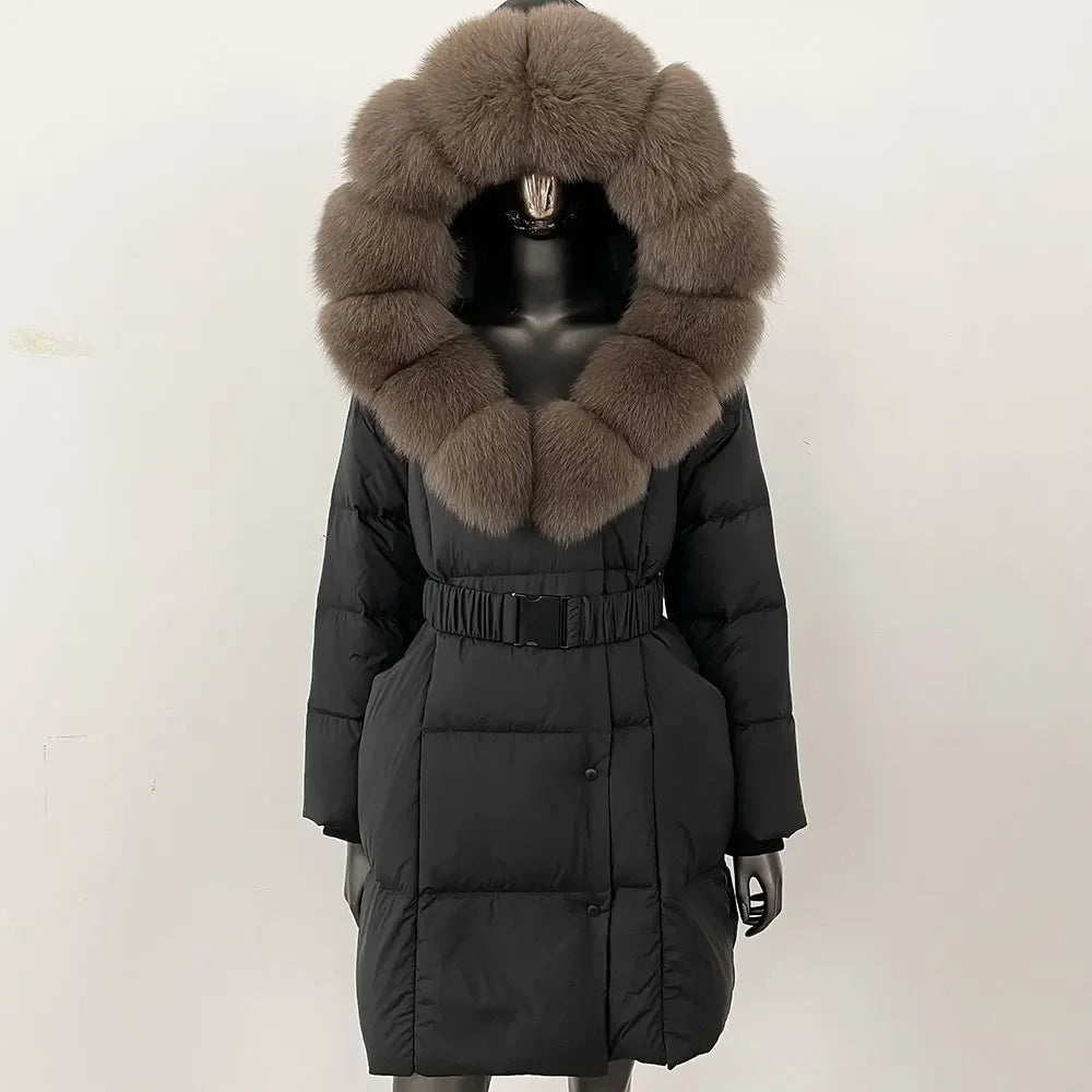 Fur’Ells Real Fox Fur Collar Duck Down Puffer Quilted Hooded Jacket - Long Length