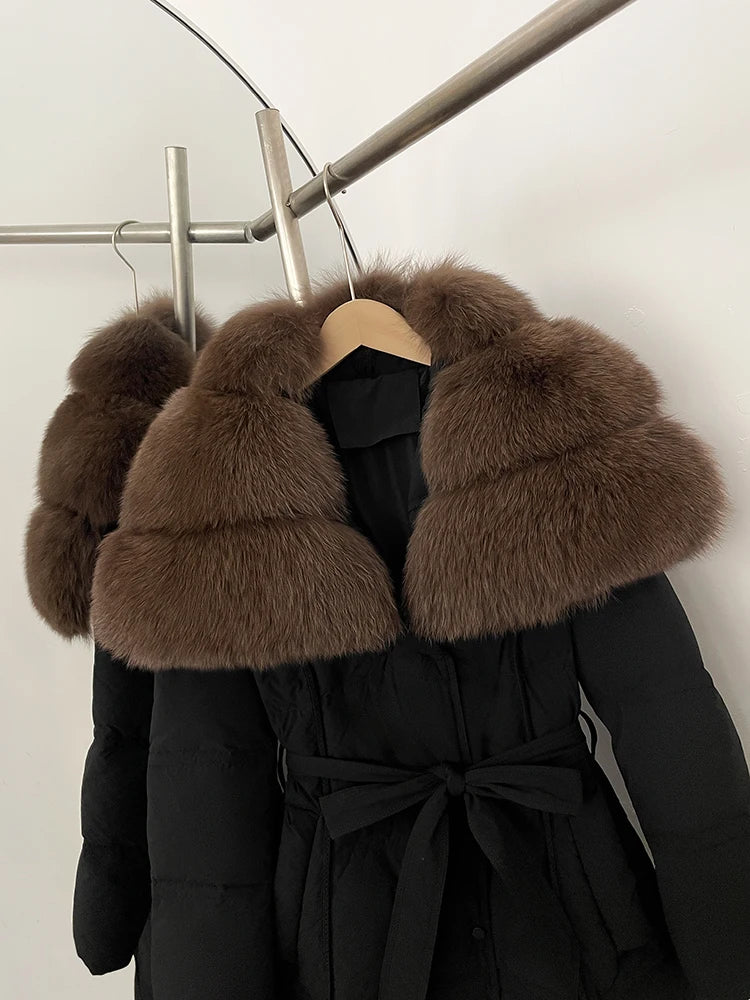 Fur’Ells Real Fox Fur Collar Duck Down Quilted Jacket - Long Length