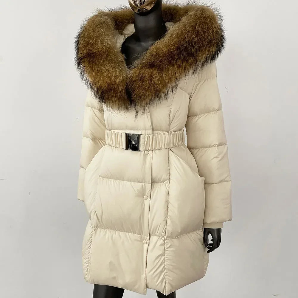 Fur’Ells Real Fox Fur Collar Duck Down Puffer Quilted Hooded Jacket - Long Length