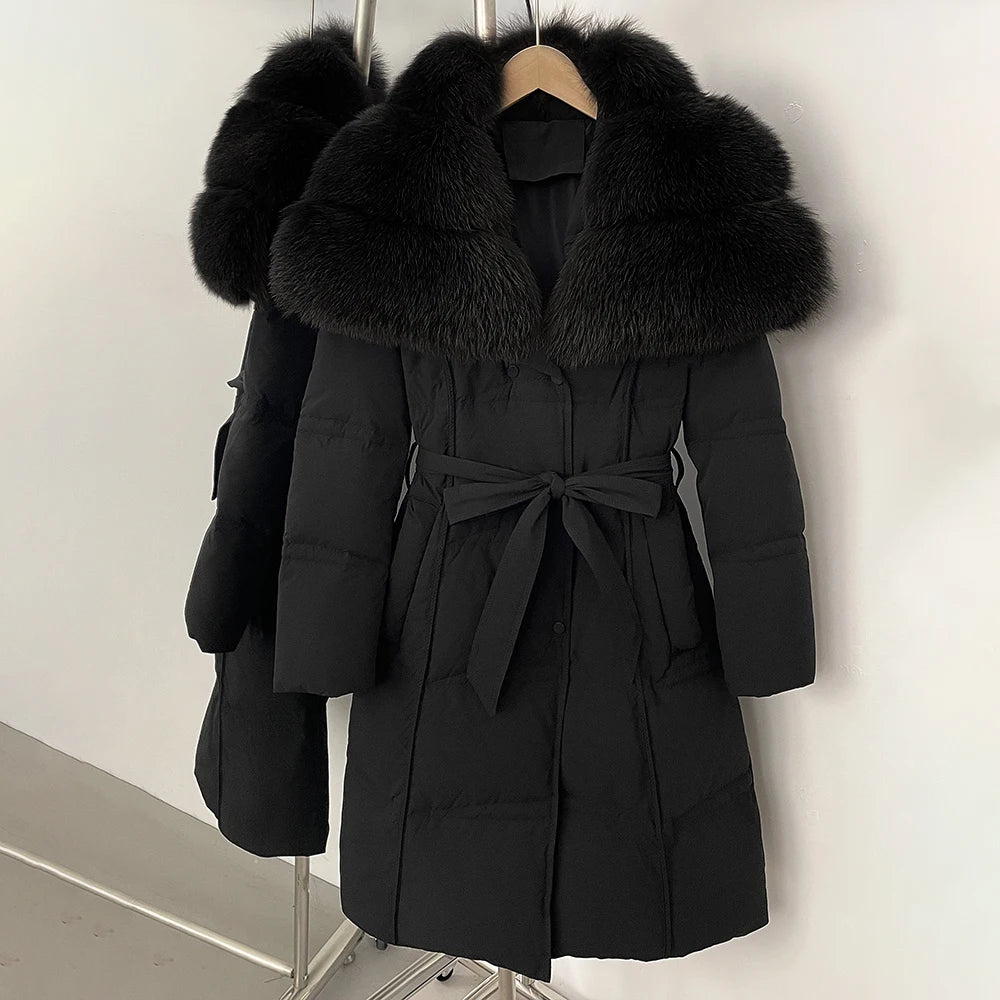 Fur’Ells Real Fox Fur Collar Duck Down Quilted Jacket - Long Length
