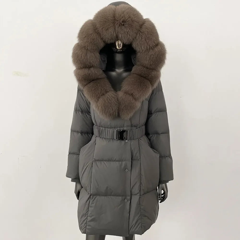 Fur’Ells Real Fox Fur Collar Duck Down Puffer Quilted Hooded Jacket - Long Length