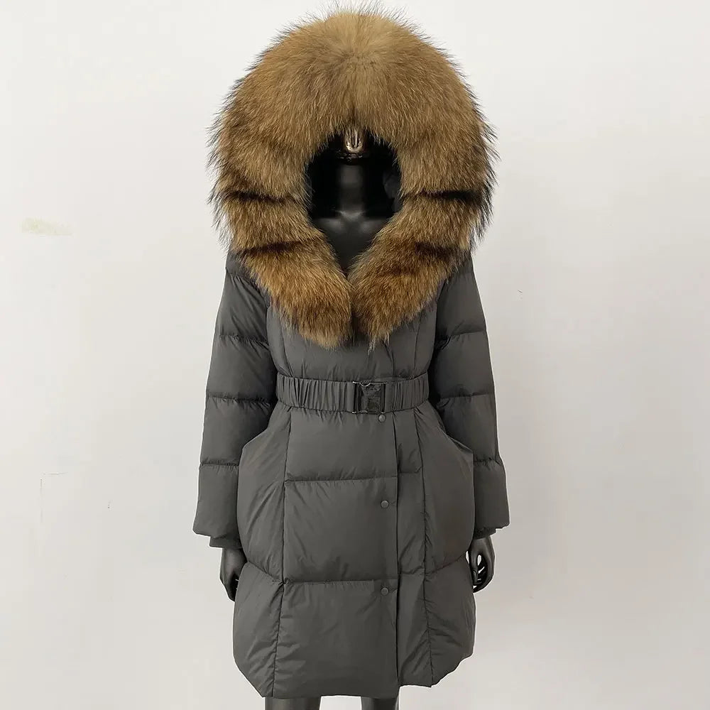 Fur’Ells Real Fox Fur Collar Duck Down Puffer Quilted Hooded Jacket - Long Length