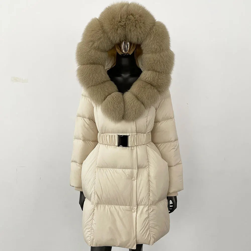 Fur’Ells Real Fox Fur Collar Duck Down Puffer Quilted Hooded Jacket - Long Length