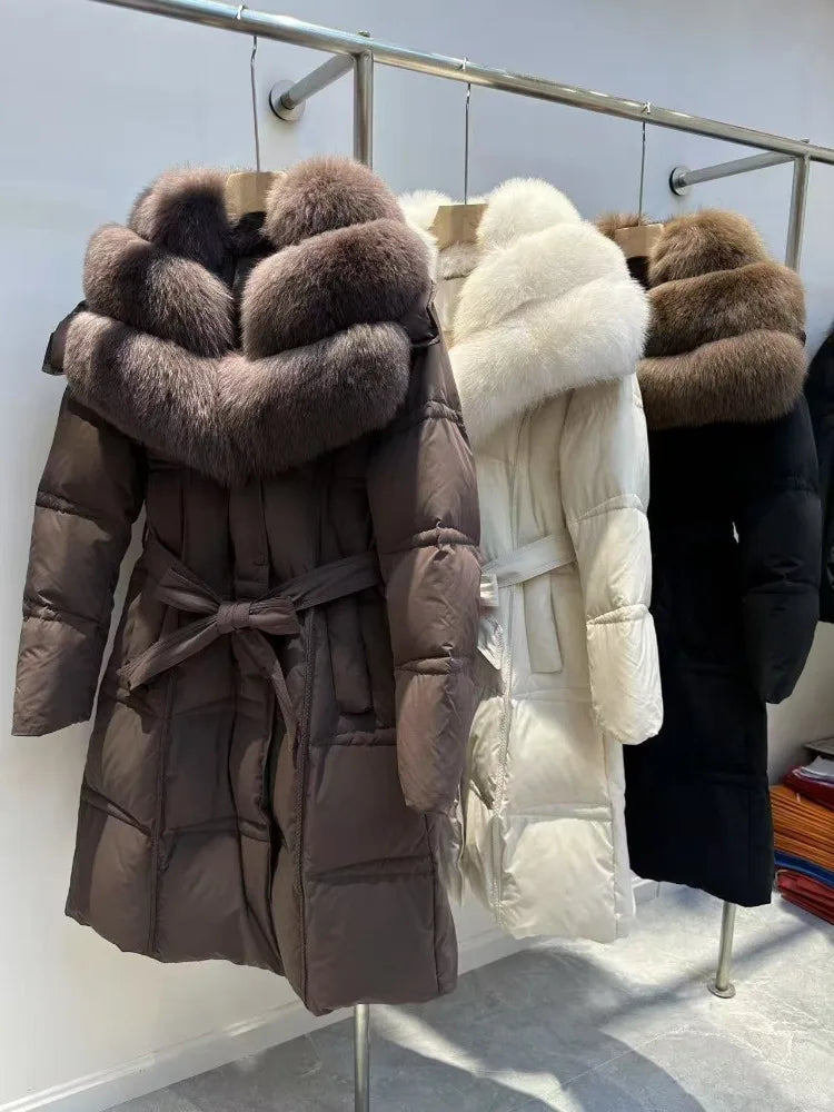 Fur’Ells Real Fox Fur Collar Duck Down Quilted Jacket - Long Length