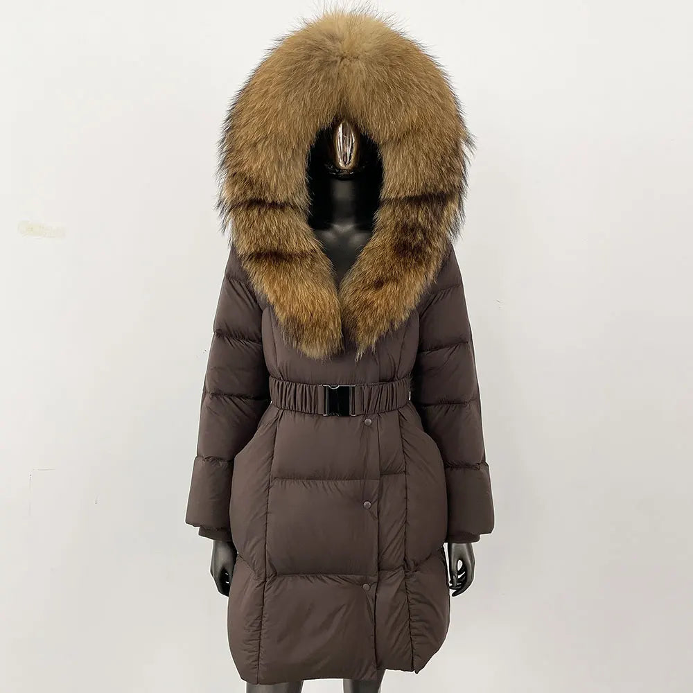 Fur’Ells Real Fox Fur Collar Duck Down Puffer Quilted Hooded Jacket - Long Length