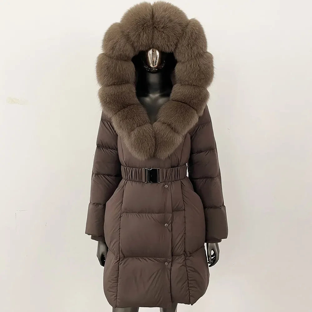 Fur’Ells Real Fox Fur Collar Duck Down Puffer Quilted Hooded Jacket - Long Length