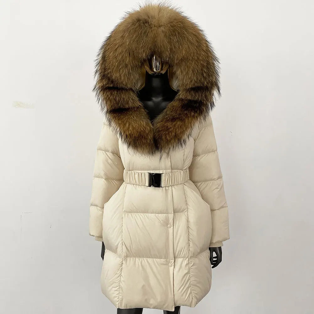 Fur’Ells Real Fox Fur Collar Duck Down Puffer Quilted Hooded Jacket - Long Length