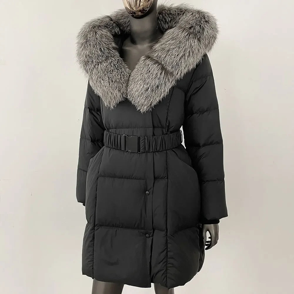Fur’Ells Real Fox Fur Collar Duck Down Puffer Quilted Hooded Jacket - Long Length