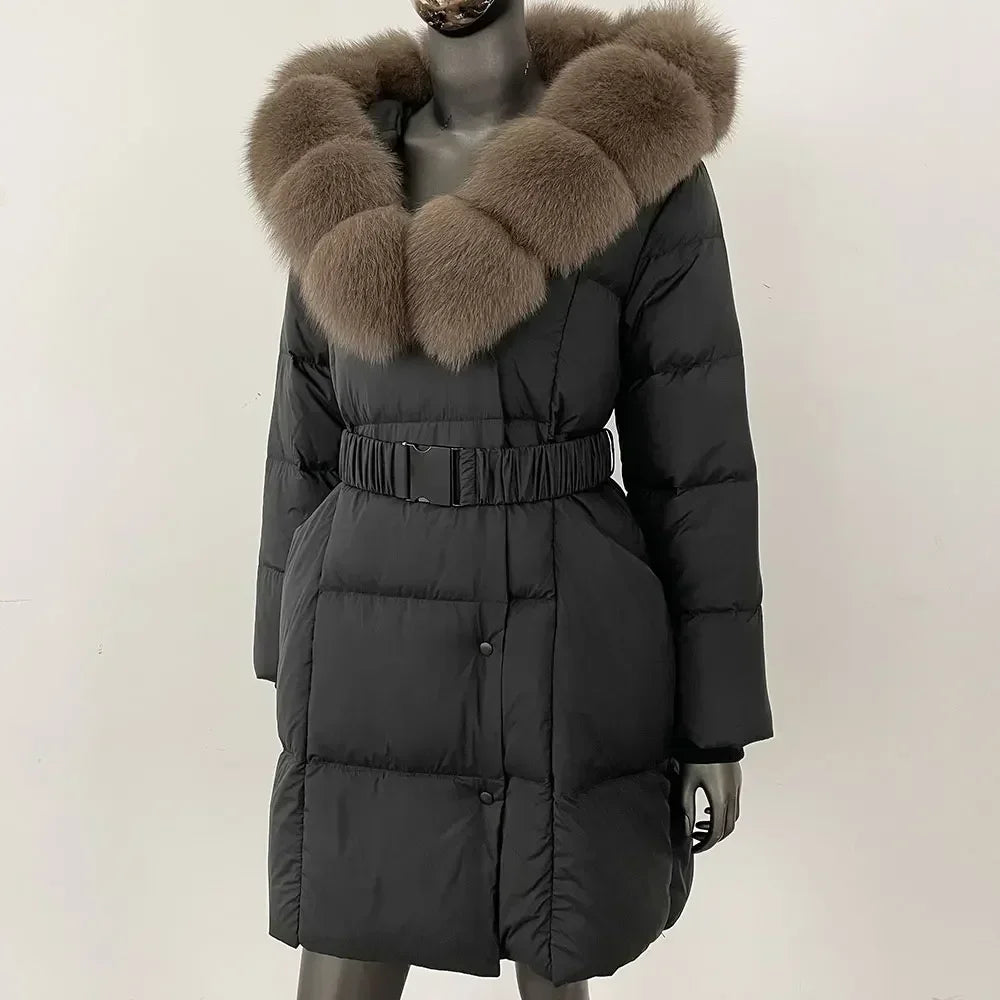 Fur’Ells Real Fox Fur Collar Duck Down Puffer Quilted Hooded Jacket - Long Length