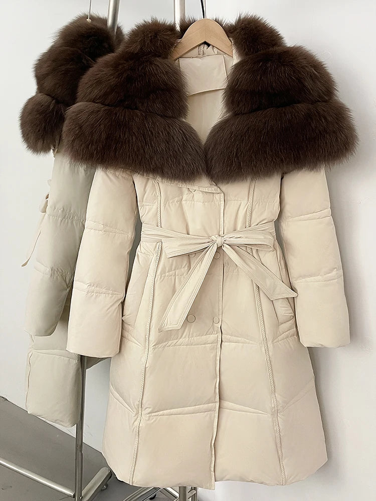 Fur’Ells Real Fox Fur Collar Duck Down Quilted Jacket - Long Length