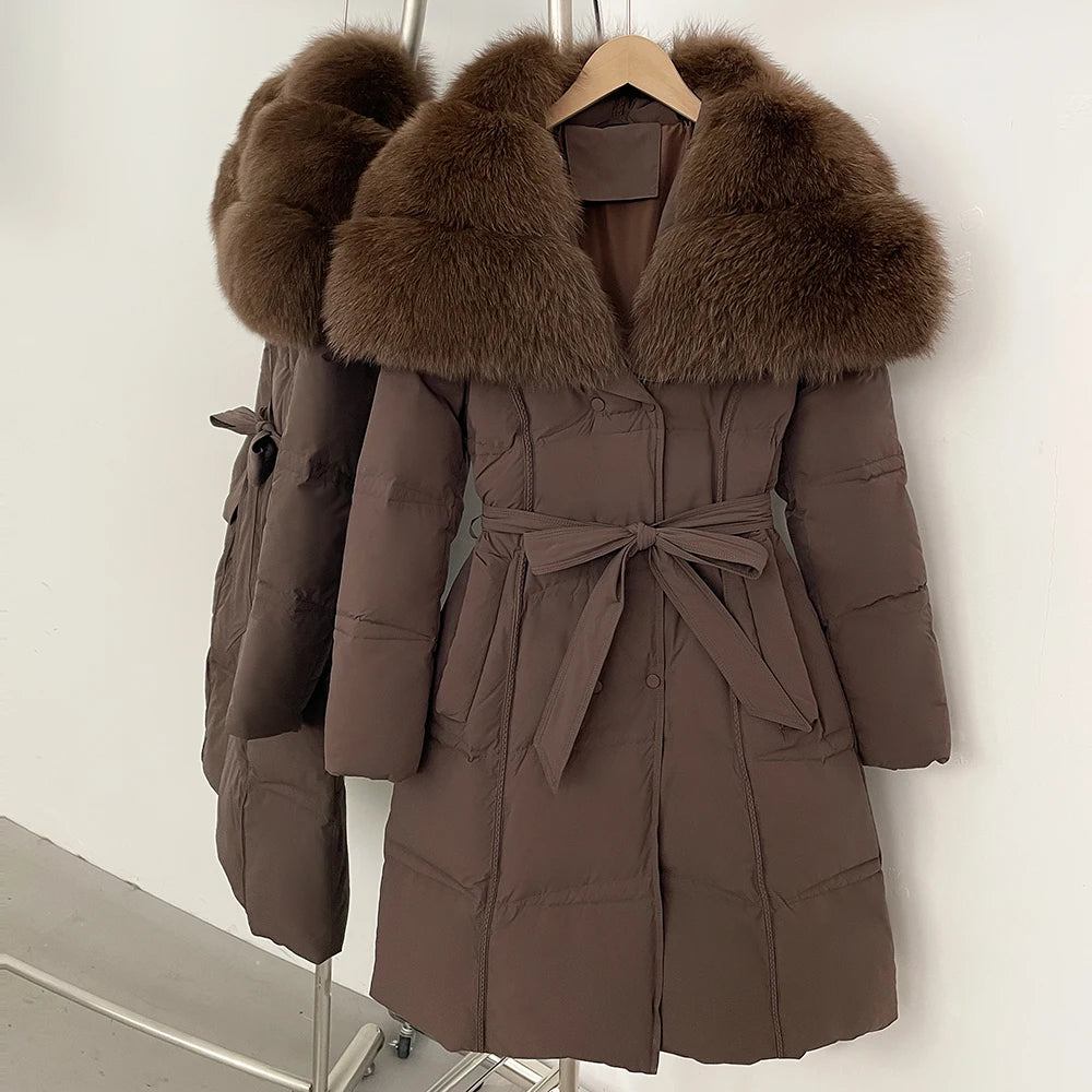 Fur’Ells Real Fox Fur Collar Duck Down Quilted Jacket - Long Length