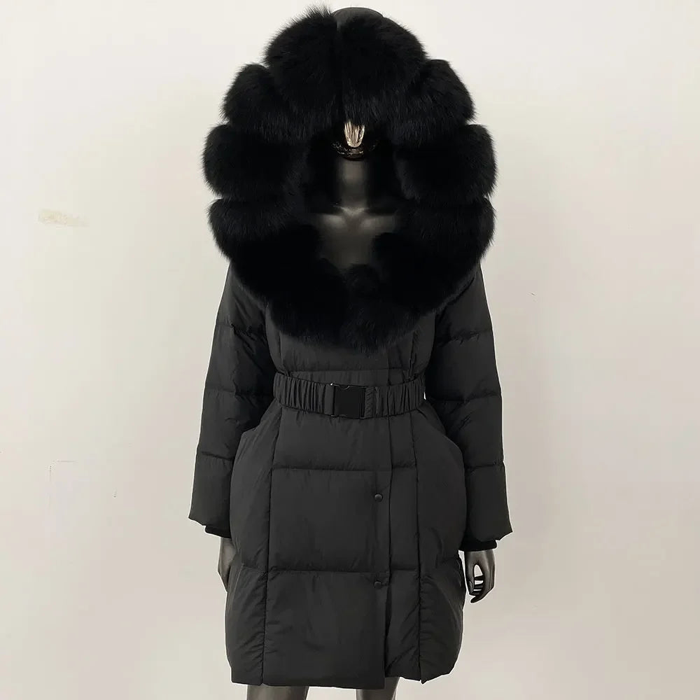 Fur’Ells Real Fox Fur Collar Duck Down Puffer Quilted Hooded Jacket - Long Length