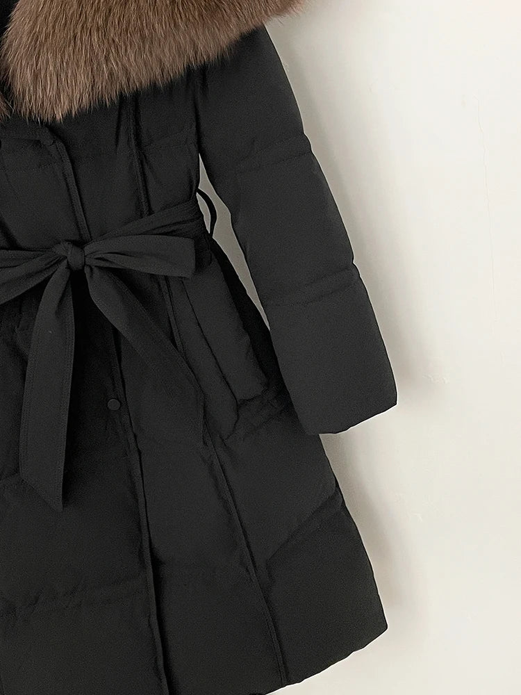 Fur’Ells Real Fox Fur Collar Duck Down Quilted Jacket - Long Length