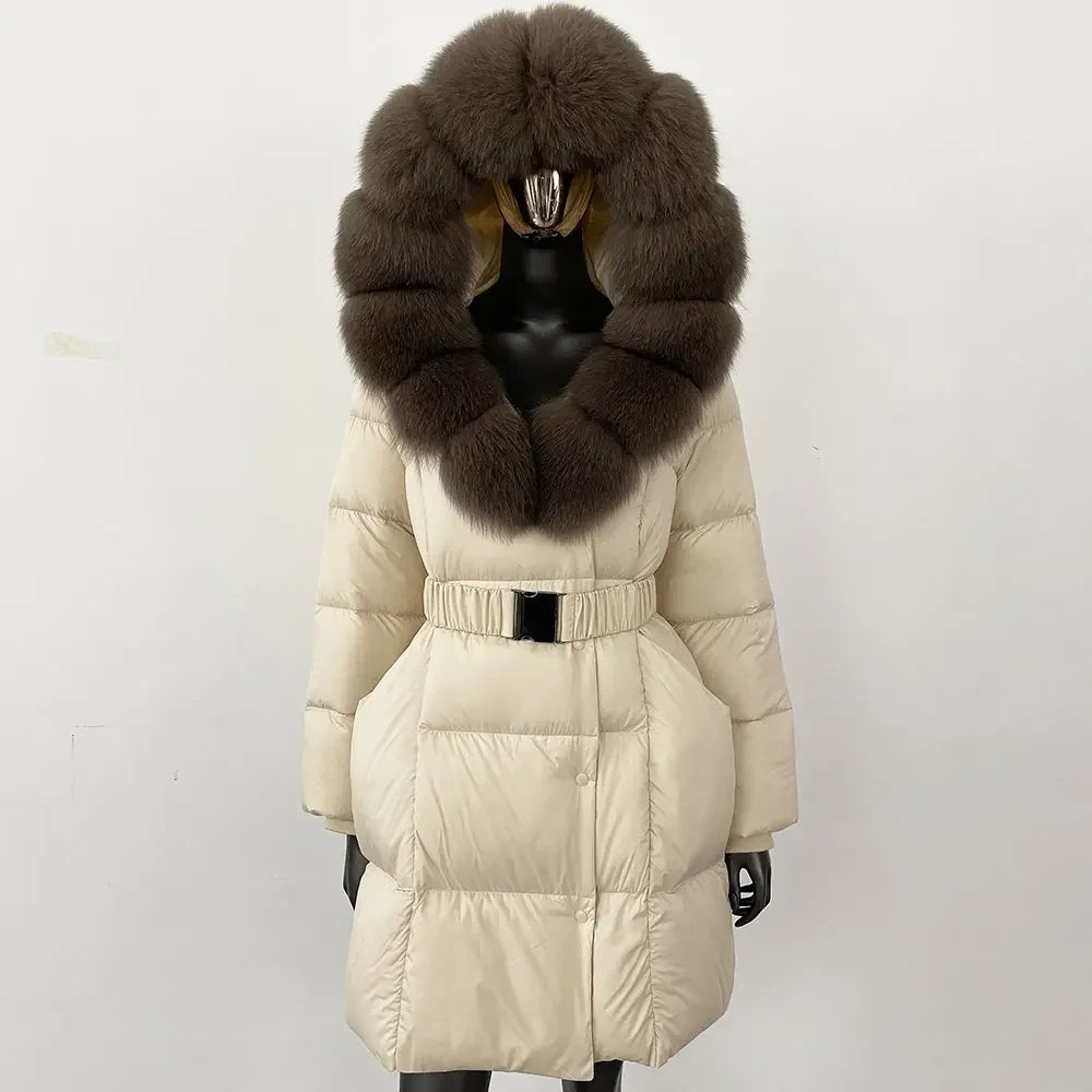Fur’Ells Real Fox Fur Collar Duck Down Puffer Quilted Hooded Jacket - Long Length