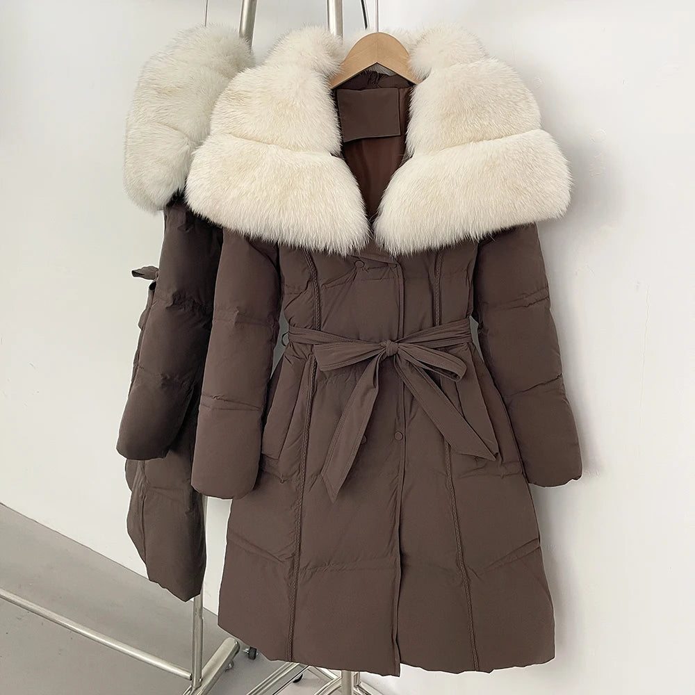 Fur’Ells Real Fox Fur Collar Duck Down Quilted Jacket - Long Length