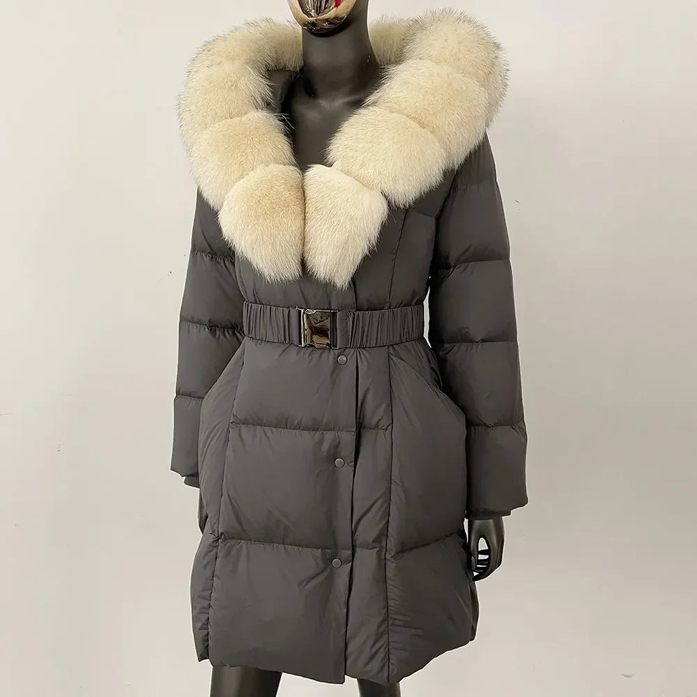 Fur’Ells Real Fox Fur Collar Duck Down Puffer Quilted Hooded Jacket - Long Length