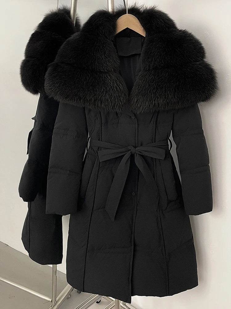 Fur’Ells Real Fox Fur Collar Duck Down Quilted Jacket - Long Length