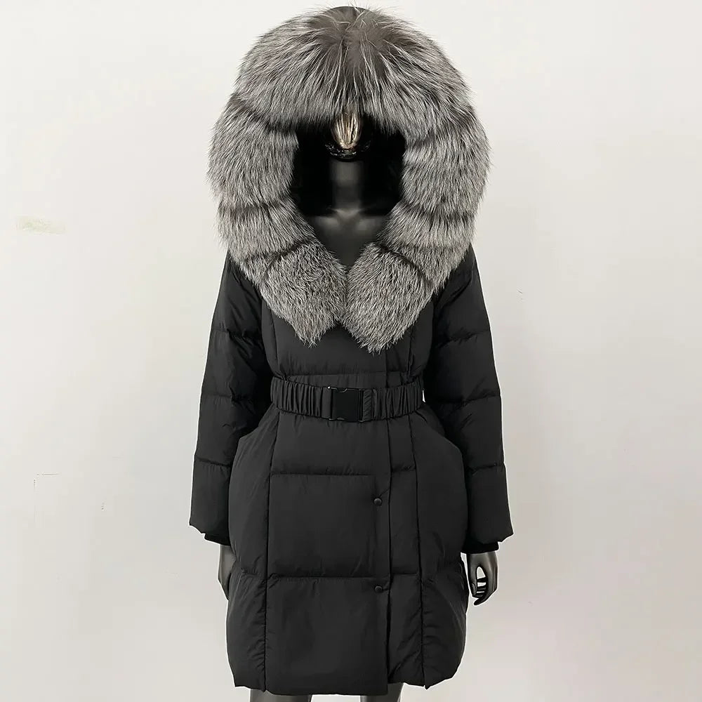 Fur’Ells Real Fox Fur Collar Duck Down Puffer Quilted Hooded Jacket - Long Length