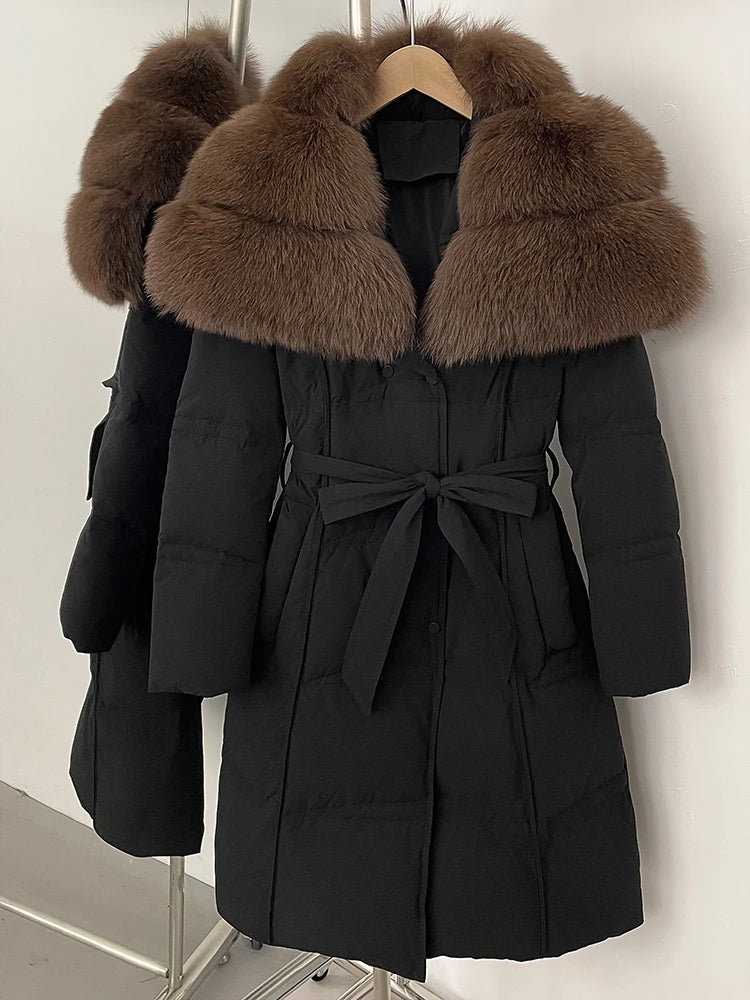 Fur’Ells Real Fox Fur Collar Duck Down Quilted Jacket - Long Length