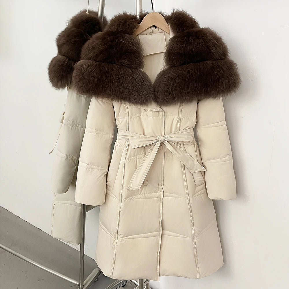 Fur’Ells Real Fox Fur Collar Duck Down Quilted Jacket - Long Length