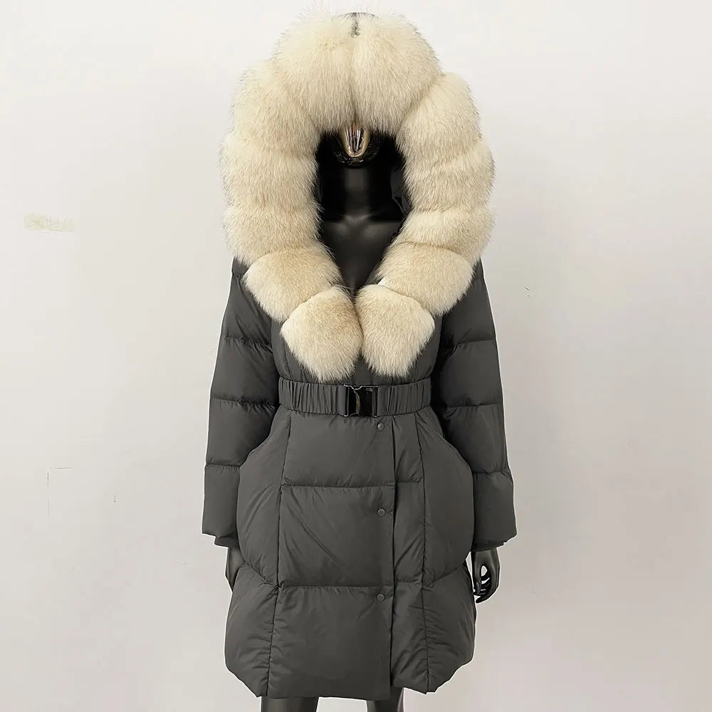 Fur’Ells Real Fox Fur Collar Duck Down Puffer Quilted Hooded Jacket - Long Length