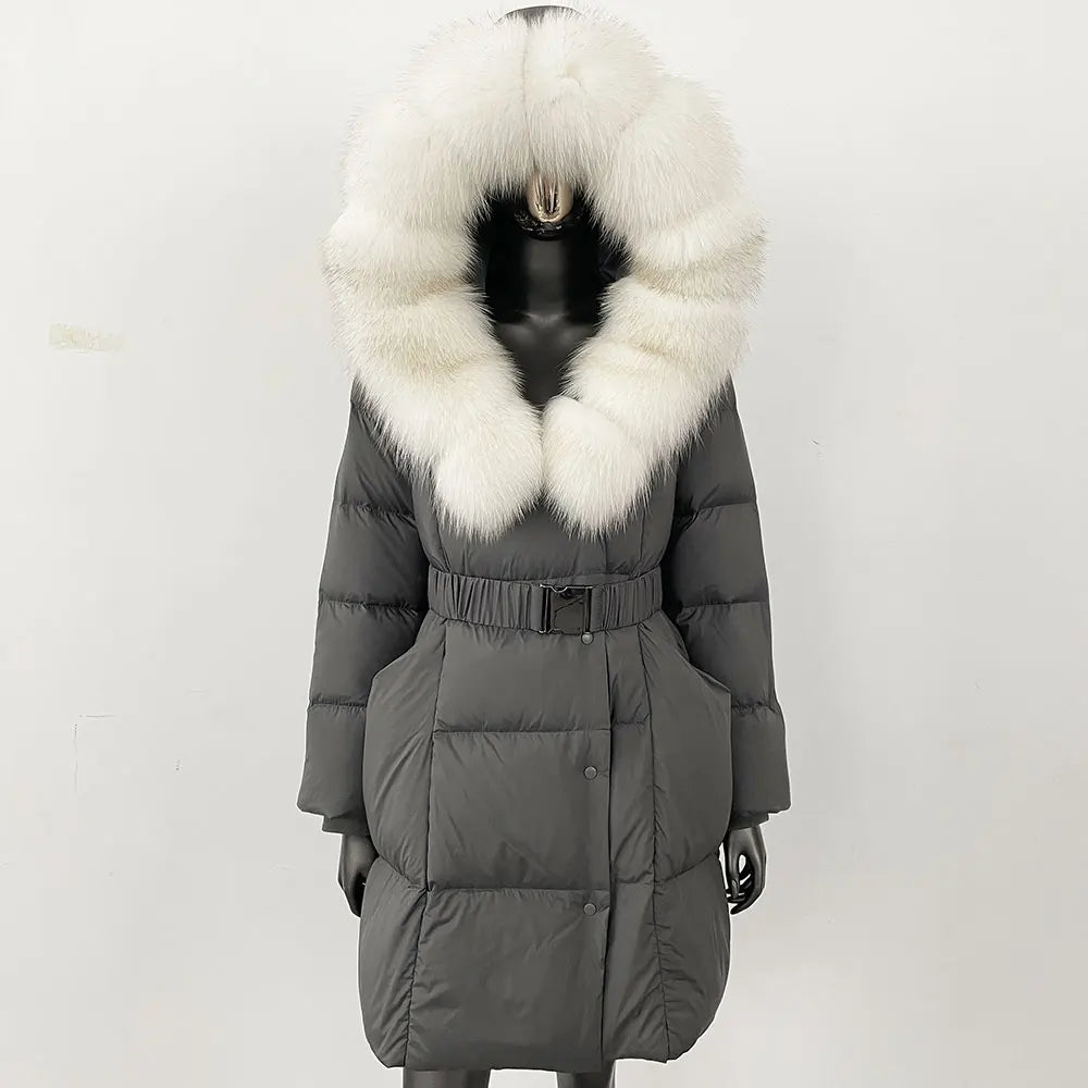 Fur’Ells Real Fox Fur Collar Duck Down Puffer Quilted Hooded Jacket - Long Length