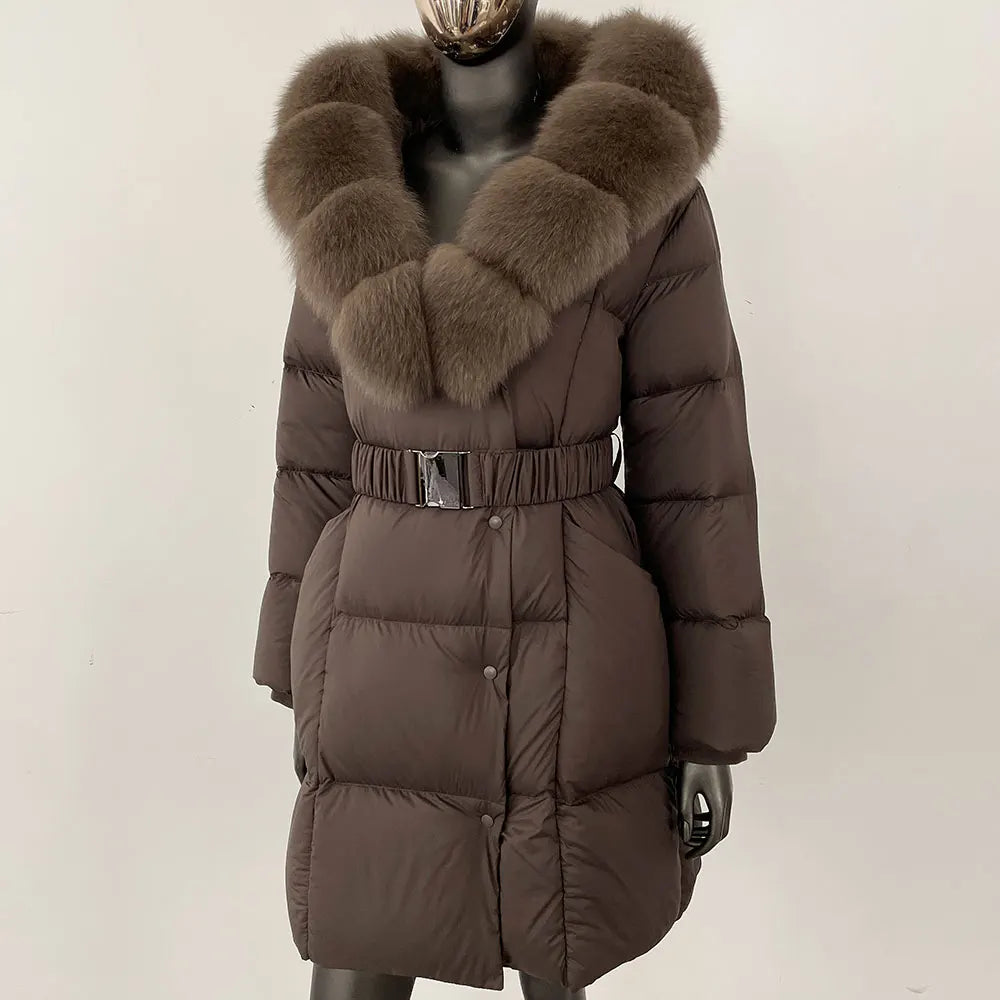 Fur’Ells Real Fox Fur Collar Duck Down Puffer Quilted Hooded Jacket - Long Length