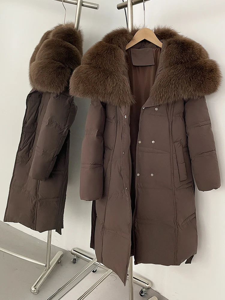 Fur’Ells Real Fox Fur Collar Duck Down Quilted Jacket - Long Length